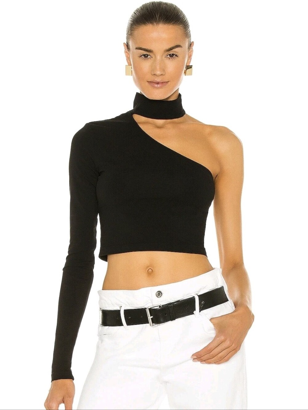 NWT Revolve Cotton Citizen One-Shoulder Sexy Mock Neck Crop Top in Black - Sz L